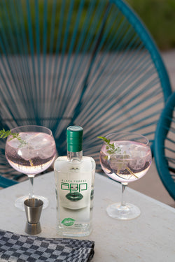 Eine Flasche Black Forest Gin neben zwei Gin Tonic Gläsern mit Kräutergarnitur, auf einem Tisch im Freien.
