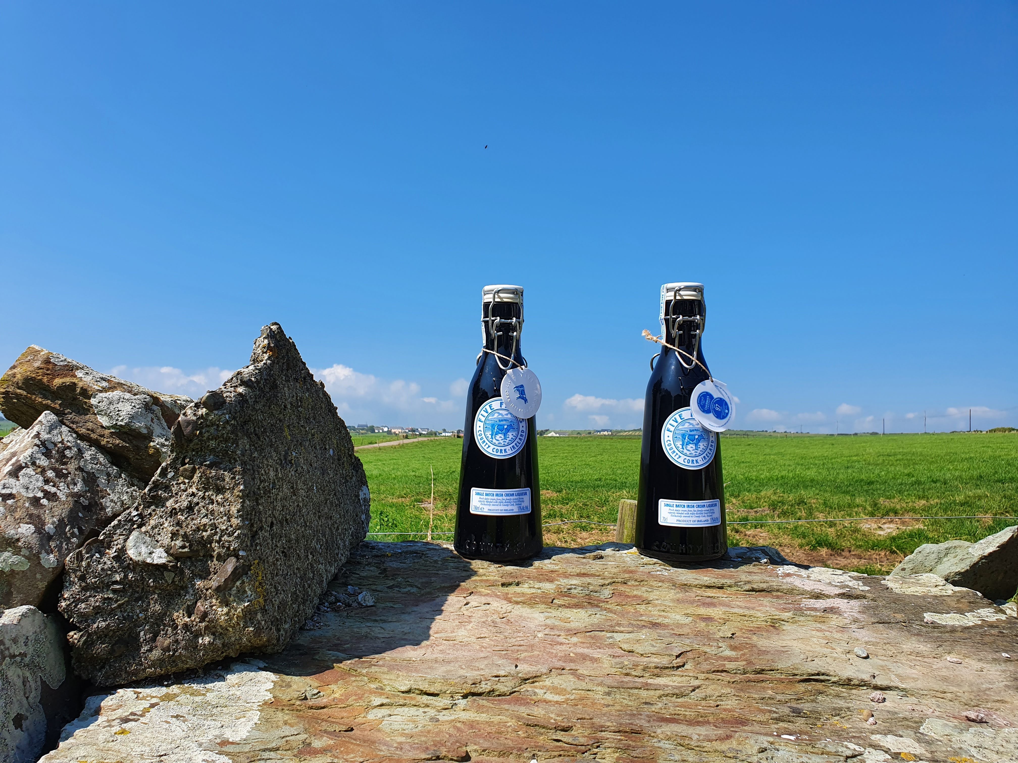 Zwei schwarze Flaschen mit Siegel auf einem Stein, umgeben von grünen Feldern und blauem Himmel.