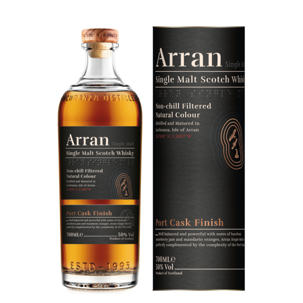 Flasche Arran Single Malt Scotch Whisky neben der Verpackung.