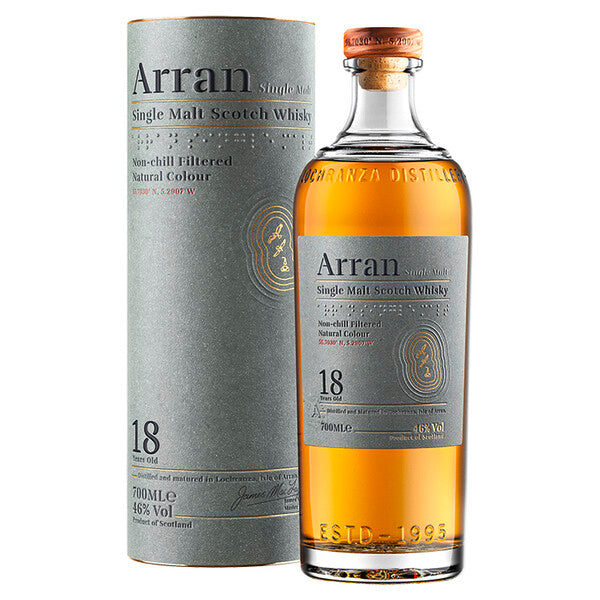Flasche Arran 18 Jahre alter Single Malt Whisky mit Verpackung.