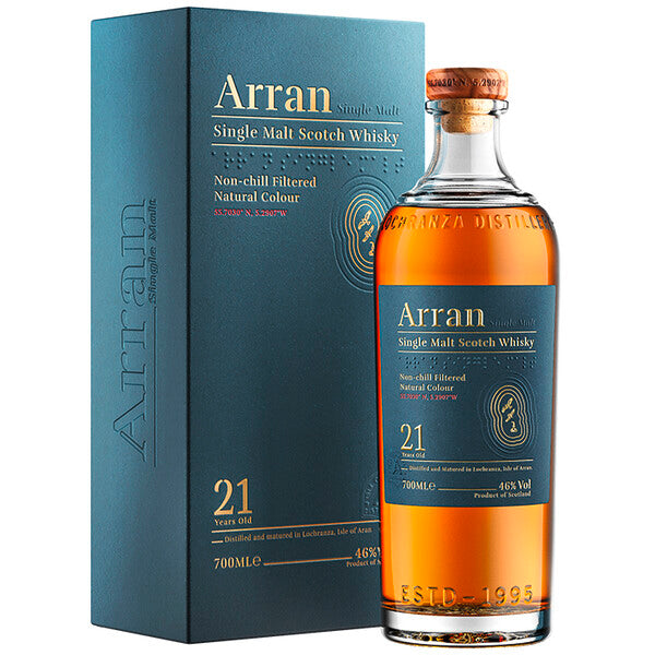 Arran 21 Jahre alter Single Malt Whisky mit Verpackung.