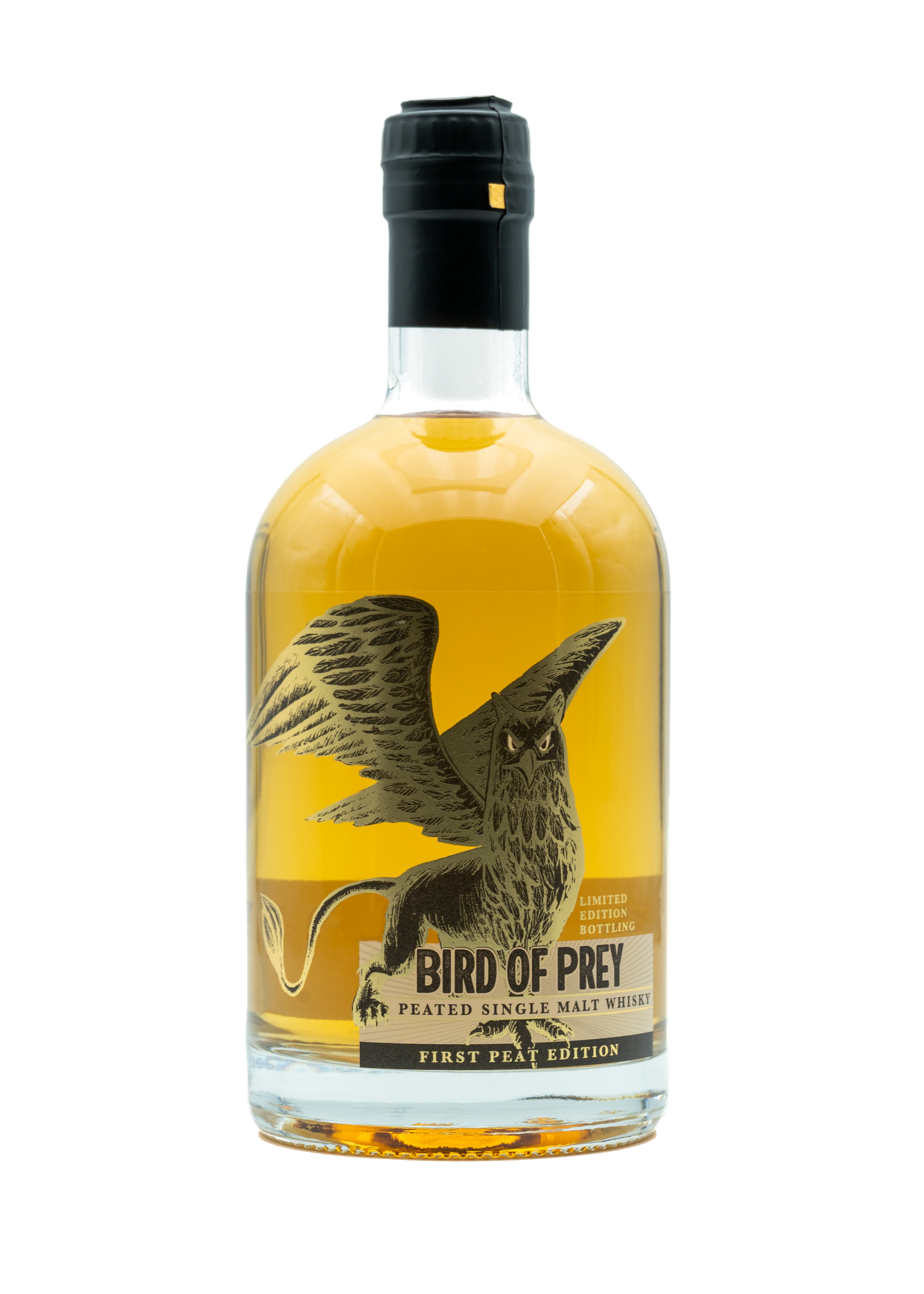 Flasche Bird of Prey Peated Single Malt Whisky mit Vogelillustration auf dem Etikett.