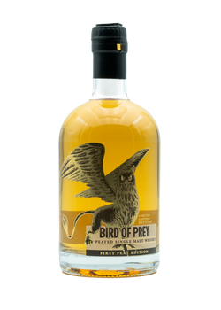 Flasche Bird of Prey Peated Single Malt Whisky mit Vogelillustration auf dem Etikett.