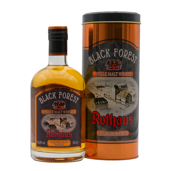 Black Forest Rothaus Single Malt Whisky Flasche und Dose aus Metall.