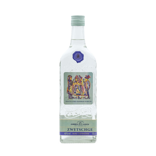 Flasche Kammer-Kirsch Zwetschge Likör mit kunstvoll gestaltetem Etikett.