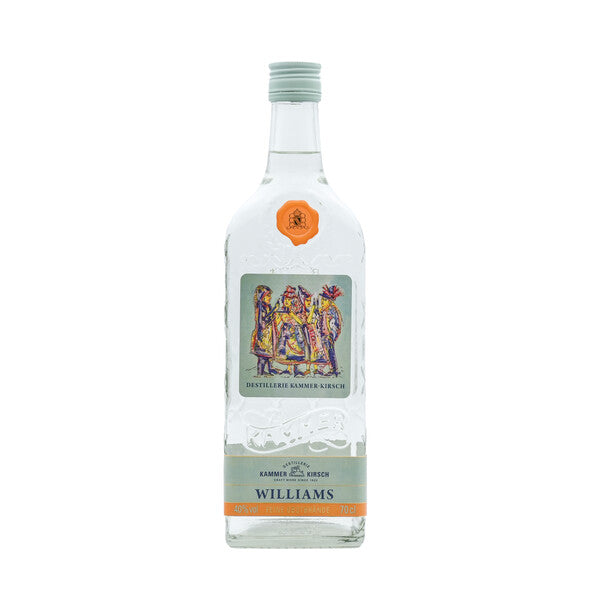 Klare Schnapsflasche „Williams“ der Destillerie Kammer-Kirsch.