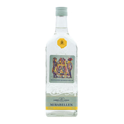 Eine Flasche Mirabellenbrand der Destillerie Kammer-Kirsch mit dekorativem Etikett.