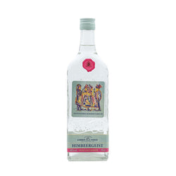Flasche Himbeergeist mit verziertem Etikett.