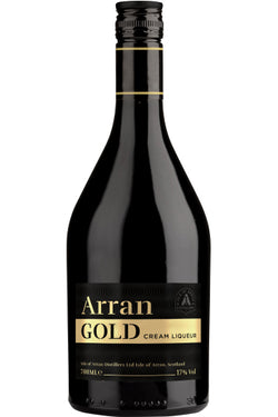 Eine schwarze Flasche Arran Gold Cream Liqueur mit goldener und schwarzer Beschriftung.