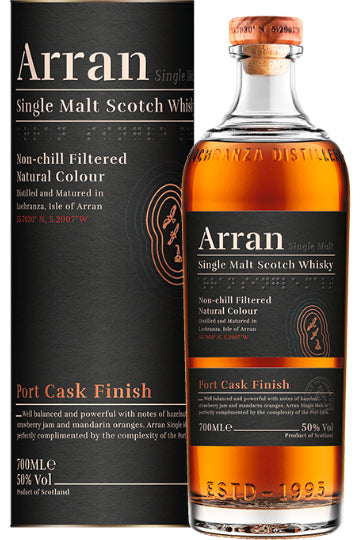 Arran Single Malt Scotch Whisky Flasche mit Verpackung, Port Cask Finish.