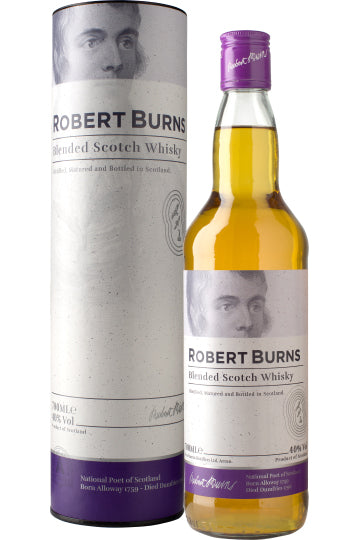 Flasche und Verpackung von Robert Burns Blended Scotch Whisky mit markantem Etikett.