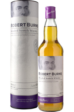 Flasche und Verpackung von Robert Burns Blended Scotch Whisky mit markantem Etikett.