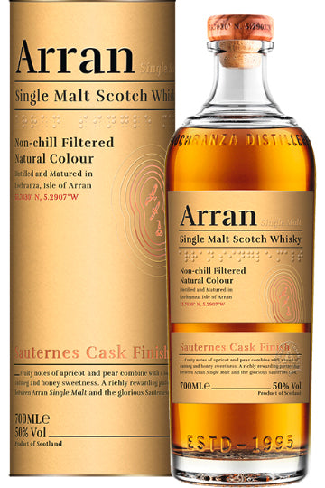 Eine Flasche Arran Single Malt Scotch Whisky mit Verpackung, Sauternes Cask Finish, 50% Vol, und natürliche Farbe.
