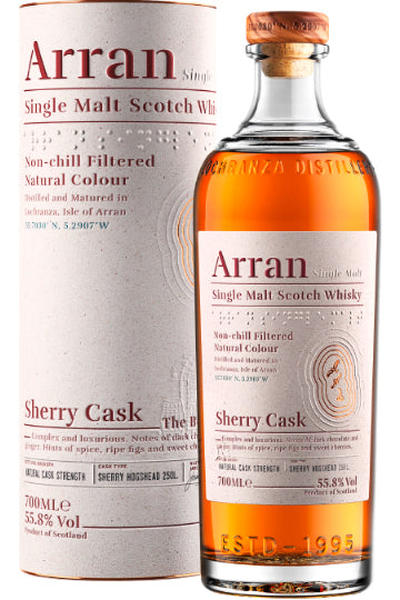 Flasche und Verpackung von Arran Single Malt Scotch Whisky, Sherry Cask Edition.