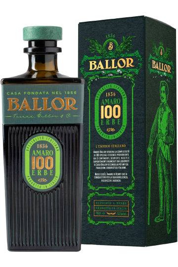 Flasche und Verpackung von Ballor Amaro 100 Erbe mit grünem und goldenen Design.