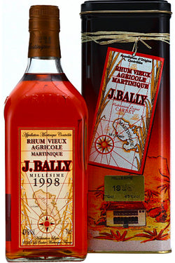 Flasche J. Bally Rum von 1998 mit passender Geschenkdose, gestaltet im Landkarten-Stil.
