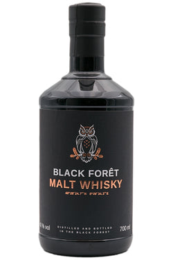 Schwarze Flasche Black Forêt Malt Whisky mit Eulenlogo.