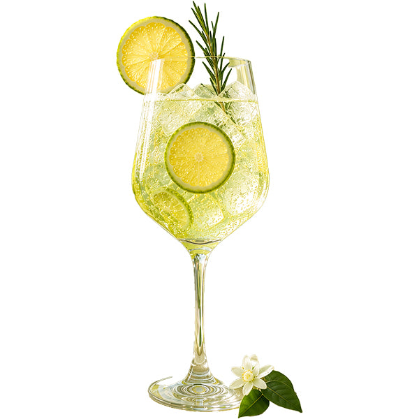 Berga Spritz Aperitif im Weinglas mit Eiswürfeln und Limettenscheiben