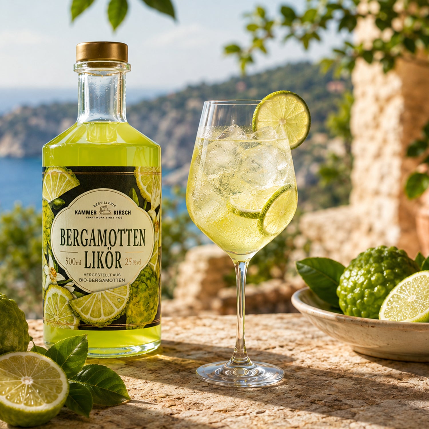 Bergamottenlikör mit Berga Spritz vor mediterraner Küste