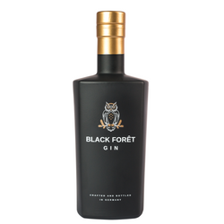 Schwarze Gin-Flasche mit goldenem Verschluss und Eulen-Logo.