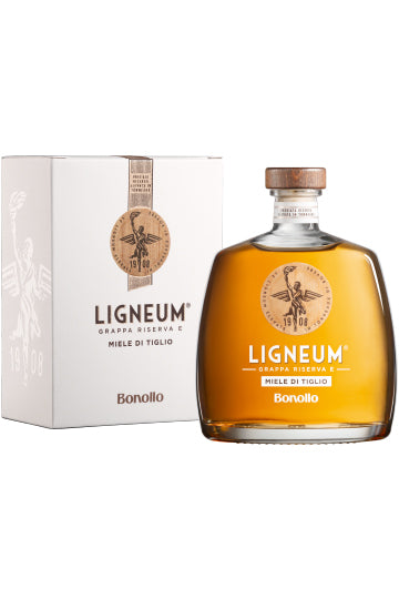 Flasche Bonollo Ligneum Grappa Riserva Miele di Tiglio mit Verpackung.