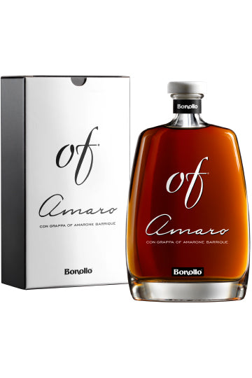 Bonollo Amaro-Flasche neben passender Verpackung, elegantes Design in Schwarz und Weiß.
