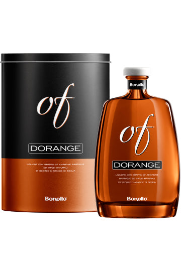 Elegante Flasche und Dose von Bonollo Dorange Likör.