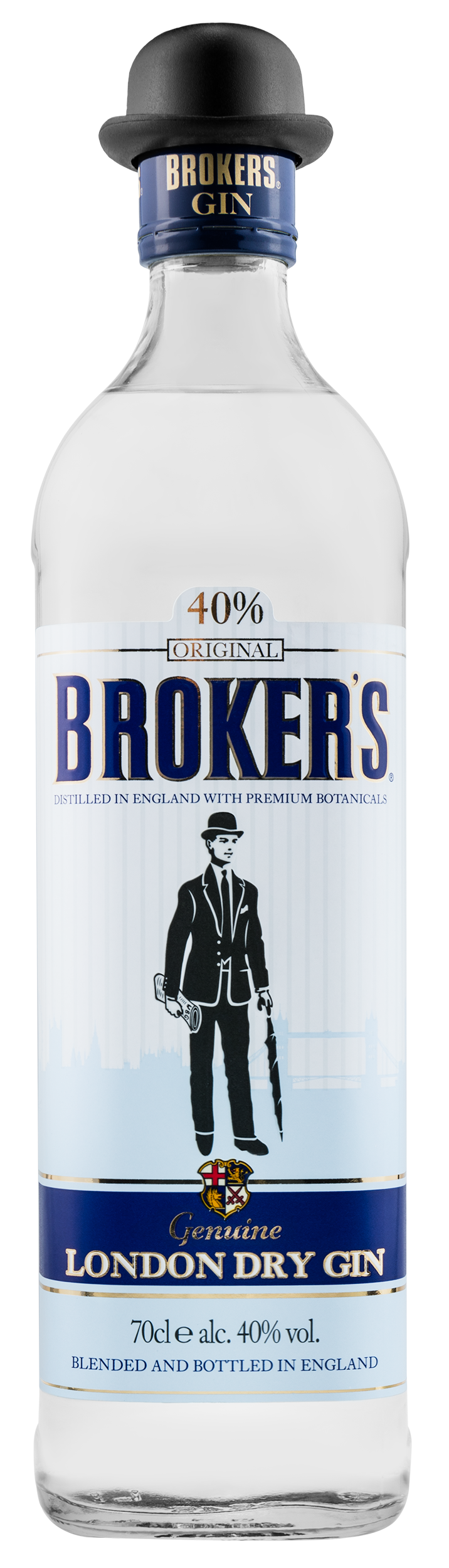 Eine Flasche Broker's London Dry Gin mit schwarzem Bowler-Hut und blauem Etikett.