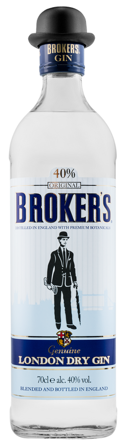 Eine Flasche Broker's London Dry Gin mit schwarzem Bowler-Hut und blauem Etikett.