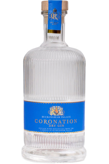 Flasche Buckingham Palace Coronation Dry Gin mit blauem Etikett.
