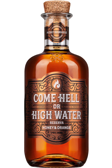 Eine Flasche mit der Aufschrift "Come Hell or High Water" und "Honey & Orange".