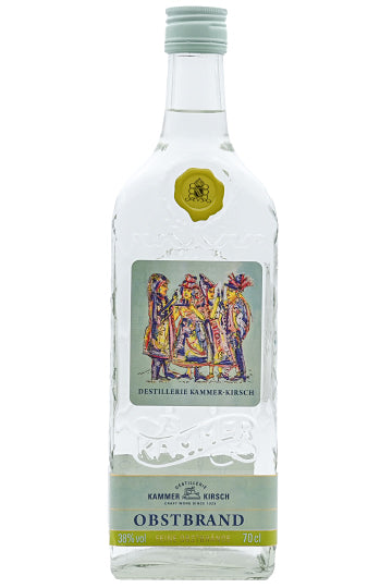 Glasflasche mit Etikett "Obstbrand" der Destillerie Kammer-Kirsch, 38% Vol., 70 cl.