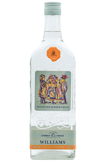 Flasche Williams Birnenbrand der Destillerie Kammer-Kirsch mit kunstvoll gestaltetem Etikett.