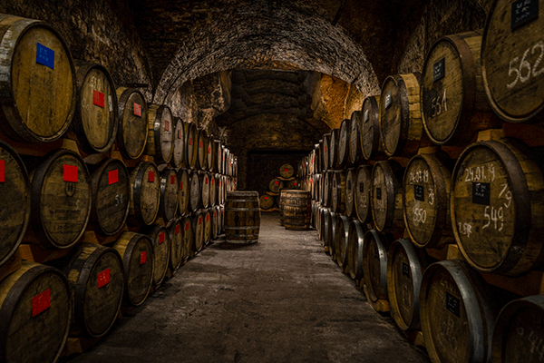 Ein Weinkeller mit zwei Reihen von Holzfässern links und rechts entlang eines gemauerten Gangs.