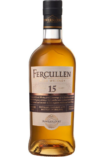 Flasche Fercullen Irish Whiskey, 15 Jahre alt, mit Etikett und dunklem Verschluss.