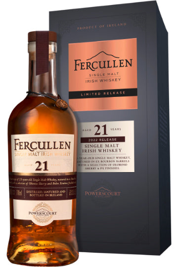 Eine Flasche Fercullen 21 Jahre alter Single Malt Irish Whiskey vor einer passenden Geschenkverpackung.