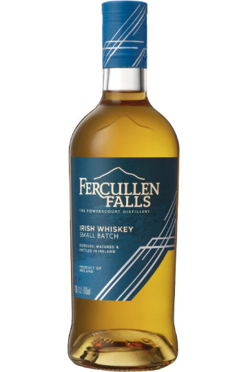 Flasche Fercullen Falls Irish Whiskey mit blauem Etikett.