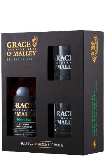 Grace O'Malley Whiskey-Geschenkbox mit zwei Trinkgläsern, schwarzer Verpackung mit goldener und grüner Schrift.