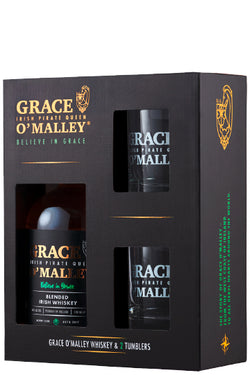 Grace O'Malley Whiskey-Geschenkbox mit zwei Trinkgläsern, schwarzer Verpackung mit goldener und grüner Schrift.