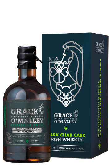 Grace O'Malley Dark Char Cask Irish Whiskey Flasche und Verpackung.