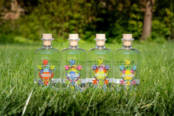 Vier Flaschen Schnaps mit bunten Etiketten stehen auf einer Wiese im Grünen.