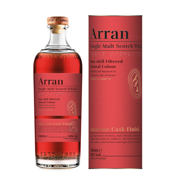 Arran Single Malt Scotch Whisky-Flasche und Verpackung.