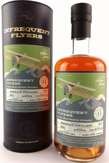 Eine Flasche Infrequent Flyers Whisky vor einer passenden Verpackungsdose mit Flugzeugdesign.