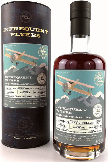 Flasche und Verpackung eines Infrequent Flyers Single Malt Scotch Whisky mit Etikett-Details.