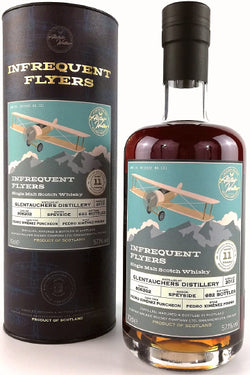 Flasche und Verpackung eines Infrequent Flyers Single Malt Scotch Whisky mit Etikett-Details.