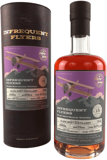 Flasche Infrequent Flyers Whisky neben passender Verpackung mit violettem Etikett und Flugzeuggrafik.