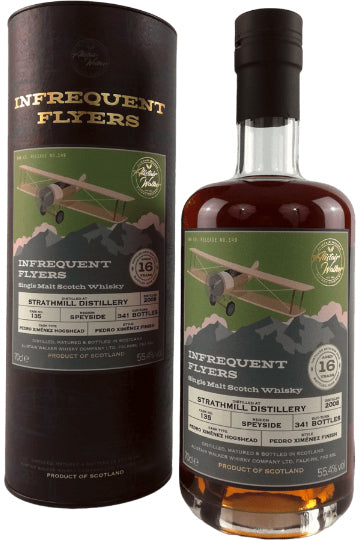 Eine Flasche Strathmill Whisky und die zugehörige Verpackung mit einem Flugzeugmotiv auf dem Etikett.