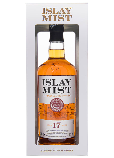 Eine Flasche Islay Mist 17 Jahre Blended Scotch Whisky in einer weißen Verpackung.