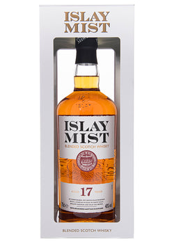 Eine Flasche Islay Mist 17 Jahre Blended Scotch Whisky in einer weißen Verpackung.