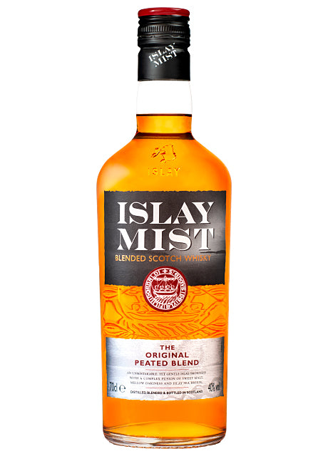 Flasche Islay Mist Blended Scotch Whisky vor weißem Hintergrund.